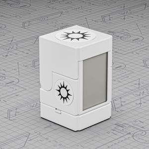 Könnte beinhalten: Ein weißes, rechteckiges Gerät mit einem grauen Bildschirm und einem schwarzen Sonnenstrahl-Design auf der Oberseite und Seite. Das Gerät hat eine einzigartige, geometrische Form und scheint ein modernes elektronisches Gerät zu sein.