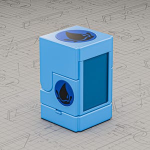 Könnte beinhalten: Eine hellblaue, rechteckige Box mit einem dunkelblauen, kreisförmigen Emblem mit einem schwarzen Wassertropfen-Design. Die Box hat eine Schiebetafel auf einer Seite und ein ähnliches Emblem oben. Das Objekt befindet sich vor einem Hintergrund mit Blaupausen.