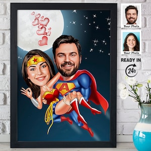 Retrato do Super-herói Valentin, caricatura de amantes, caricatura personalizada, desenho animado de casal de amantes de almas gêmeas, dia dos namorados, casal, casamento