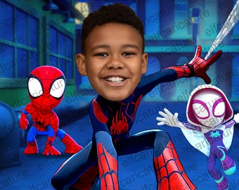 Personligt porträtt av superhjälten Miles Morales: Anpassad barnkarikatyr (digital fil)