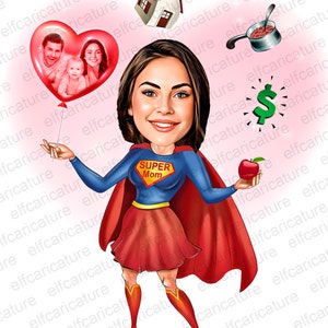 Dia das Mães Super-Herói Personalizado, Este é um arquivo digital.Caricatura de presente de mãe super-heroína. Caricatura de supermãe para o dia das mães, presente para o dia das mães