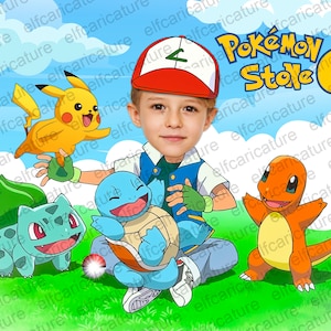 Pikachu, Pokemon personalisiert, Ash Ketchum Porträt, Benutzerdefinierte Pokémon Superheld Karikatur Zeichnung vom Foto, Ash Ketchum Pokemon Cartoon,
