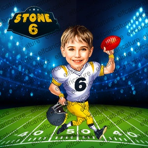 Caricatura personalizzata di football americano, regalo di giocatore di football americano per uomo, regalo di cartone animato a tema football, caricatura di calciatore