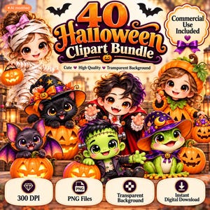 Könnte beinhalten: Ein digitales Grafikpaket mit dem Titel 40 Halloween Clipart Bundle mit Illustrationen von Kindern in Kostümen, einer schwarzen Katze, einer Fledermaus und einem Frosch mit Kürbissen. Text umfasst Commercial Use Included, 300 DPI, PNG Files und Instant Digital Download.
