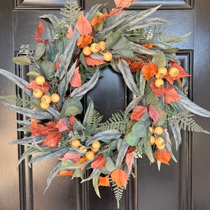 Rustic Fall Wreath for Front Door, Mixed Eucalyptus and Fall Foliage Wreath, Front Door Decor
