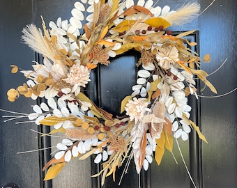 Boho Neutral Beige, White, and Brown Fall Wreath for Front Door - Etsy