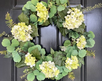 Neutral Monochromatic Green Hydrangea and Eucalyptus Wreath for Front Door, Spring Wreath, Summer Wreath, Fall Wreath, Porch Decor
