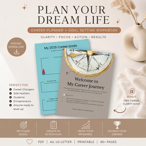 Może przedstawiać: Planer kariery i zeszyt ćwiczeń do wyznaczania celów z ilustracją kompasu na okładce. Tekst zawiera PLAN YOUR DREAM LIFE, My 2025 Career Goals oraz Welcome to My Career Journey. Zawiera sekcje dotyczące jasności, skupienia, działania i wyników.