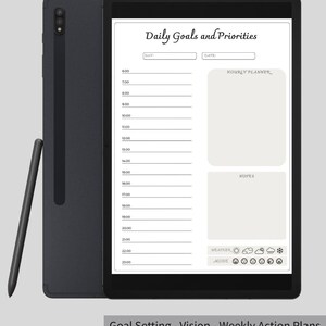 May include: A black tablet with a white screen displaying a daily planner template. The template includes sections for daily goals, priorities, hourly planner, notes, weather, and mood. The text on the screen reads "Daily Goals and Priorities", "DAY", "DATE", "HOURLY PLANNER", "NOTES", "WEATHER", and "MODE". The tablet is accompanied by a black stylus.