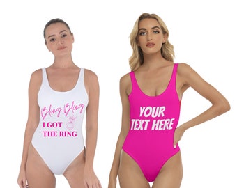 Custom Text Personalized Swim, Customized Swimsuit, Bachelorette Swim,Custom Swimsuit,Mrs Swim,One Piece Swimsuit,Bling bling I got the ring