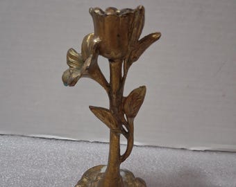 Art Nuoveau-Style Brass Candlestick Floral Motif Heavy 5.5" Tall Vintage Antique