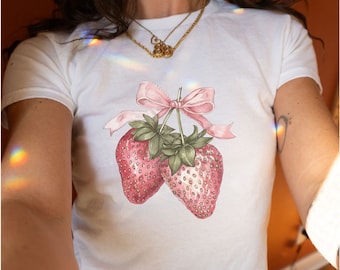 Camiseta para bebê Sweet Strawberry Coquette - Camiseta gráfica Y2K para camiseta com laço Coquette Vibes dos anos 90, camiseta para bebê dos anos 90, roupas y2k, camiseta gráfica y2k