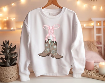 Pink Bow Soft Girl Sweatshirt - Coquette Cowgirl Style, Preppy Coquette, Coquette Cowgirl Vibes