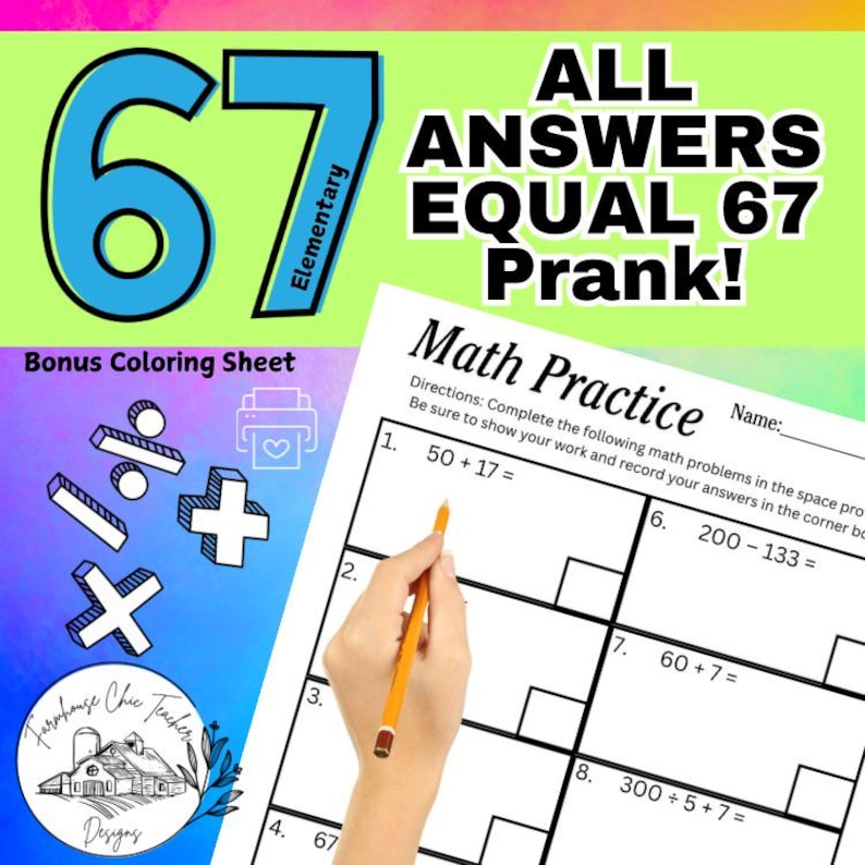 67 Math Practice Worksheet, ALL Answers Equal 67, Fun Math Trendy ...