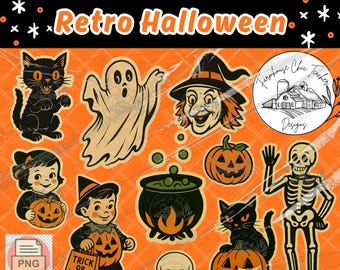May include: Digital clipart set with a retro Halloween theme. Includes illustrations of a black cat, ghost, witch, pumpkin, cauldron, skeleton, and children in costume. The background is orange with a grid pattern. Text includes "Retro Halloween" and "Trick or Treat."