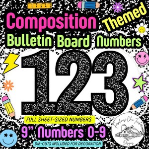 Könnte beinhalten: Eine digitale Grafik mit dem Text Composition Themed Bulletin Board Numbers und 9" Numbers 0-9. Der Hintergrund hat ein schwarz-weiß gesprenkeltes Muster. Dekorative Elemente umfassen ein gelbes Lineal, Stifte, Blumen, einen Blitz und Smileys.