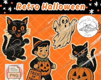 May include: Digital clipart featuring retro Halloween designs. Includes a black cat, a ghost, a boy in a pumpkin costume holding a "Trick or Treat" bag, and a black cat on a pumpkin. The image has a transparent background and the text "Retro Halloween".
