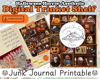 May include: A digital printable featuring a Halloween-themed trinket shelf. The image includes a variety of spooky items like pumpkins, skulls, and vintage-inspired elements. Text includes "Halloween Horror Aesthetic" and "Junk Journal Printable."