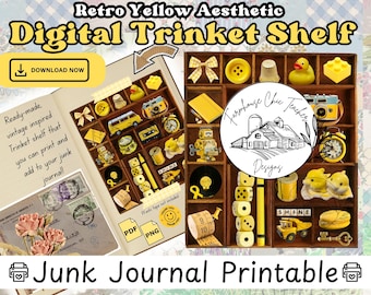 Op de afbeelding: Een digitale print met een retro gele esthetische snuisterijplank. De plank is gevuld met gele miniaturen, waaronder een camera, een eend en dobbelstenen. De tekst "Digital Trinket Shelf" staat bovenaan. De woorden "Junk Journal Printable" staan onderaan.