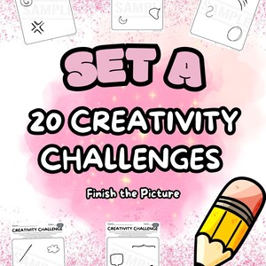 Puede incluir: Un conjunto educativo rosa y blanco titulado "SET A 20 CREATIVITY CHALLENGES Finish the Picture". La imagen incluye ejemplos de indicaciones de dibujo y una ilustración de lápiz. El texto "Farmhouse Chic Teacher" también es visible.