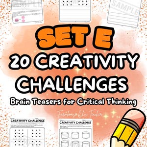 Puede incluir: Un conjunto de 20 desafíos de creatividad para el pensamiento crítico, titulado "SET E". La imagen incluye ejemplos de hojas de trabajo, una clave de respuestas y una ilustración de lápiz. El fondo es naranja con purpurina.
