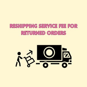 May include: A black and white graphic illustration on a light yellow background. The image features a delivery truck, a person with a cart, and the text "RESHIPPING SERVICE FEE FOR RETURNED ORDERS" in pink.