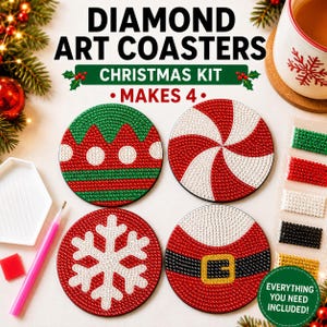 May include: A diamond art coaster kit featuring four circular coasters with Christmas designs including a red and green pattern, a red and white peppermint swirl, a white snowflake on red, and a red suit with a black belt and gold buckle.