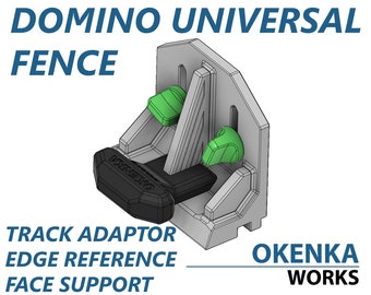 Puede incluir: Un modelo 3D gris de una valla universal Domino para la carpintería. La valla tiene un adaptador de riel negro, una referencia de borde verde y un soporte de cara. El texto "OKENKA WORKS" es visible en el lado derecho de la imagen.