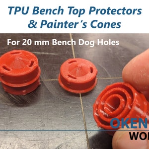 May include: Red TPU bench top protectors and painter's cones for 20 mm bench dog holes. The cones are stacked and the protectors are flat. The text "OKENKA WORKS" is visible on the bottom right.