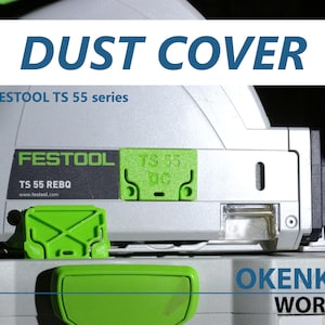 Op de afbeelding: Een groene en grijze stofafdekking voor een Festool TS 55 zaag. De afdekking heeft een groene vergrendeling en de tekst "TS 55 DC" is erop gedrukt.
