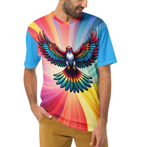 Colorful Mythical Thunder Bird all-over print t-shirt. Striking image on rainbow starburst background. Fancy glorious legendary flying being