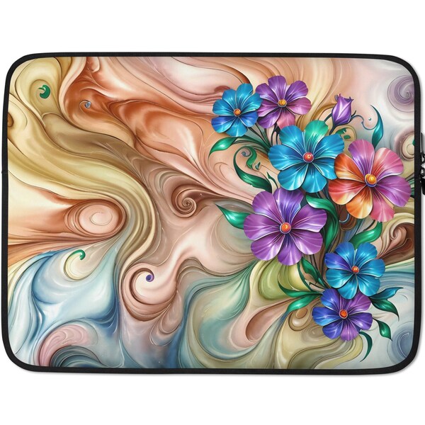 Swirls of Color and Bright Flowers Stunning Design Laptop Sleeve, 2 sizes: 13" and 15", great protection for your computer, faux fur lining