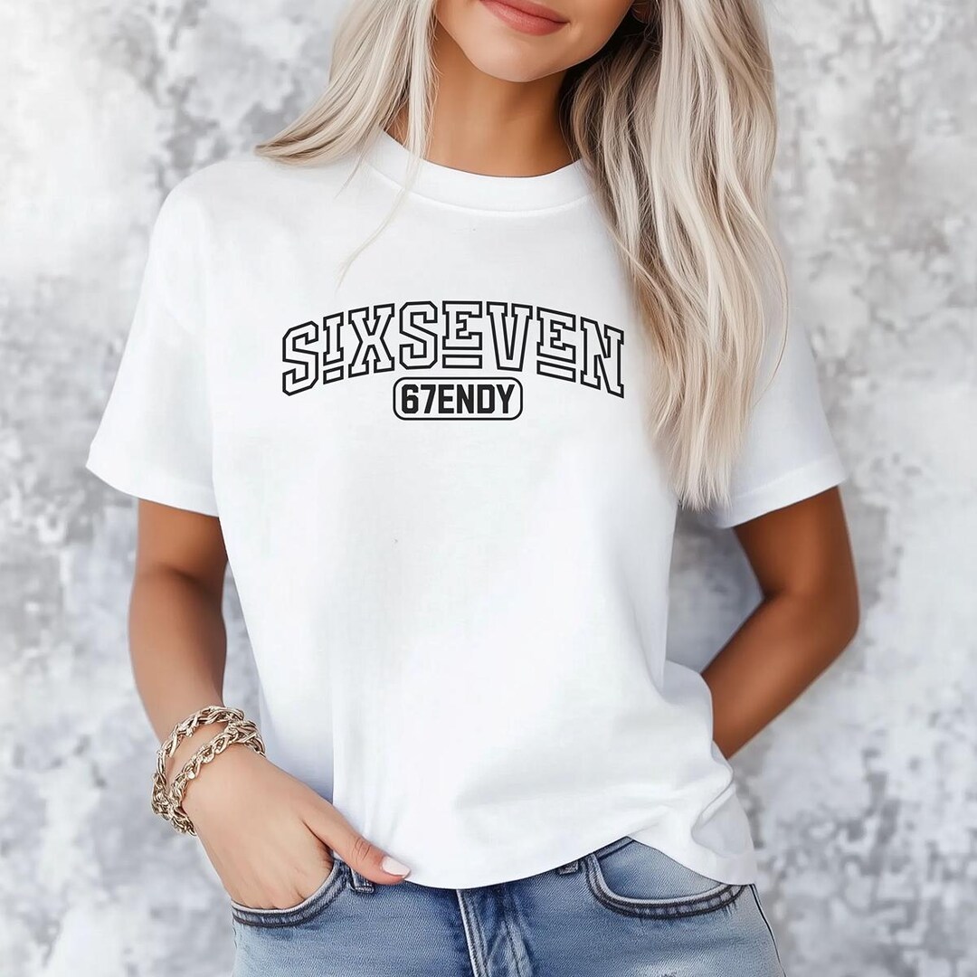 Six Seven 67ENDY, Fun Collegiate Look, 6 7 Meme on Comfort Colors T ...