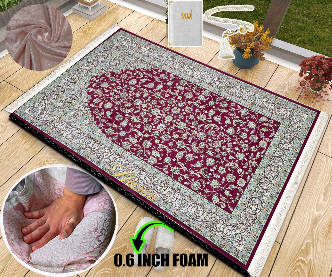 Personalized Foam Padded Velvet Persian Oriental Prayer Rug With Yaseen Pearl Tasbeeh, Islamic