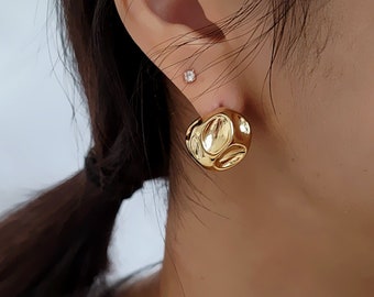 Gold Ball Earrings, Disco Ball Earrings, 15K Gold Plated Earrings, Korean Earrings, Kpop Earrings, Chunky Gold Hoops, hammered gold earrings