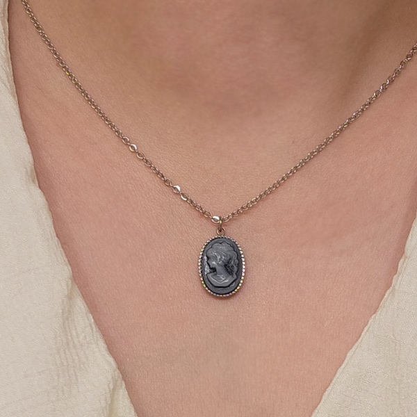 Blue Cameo Necklace, Victorian Pendant Necklace, 304 Stainless Steel Necklace, Korean Necklace