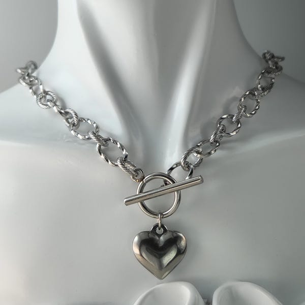 Heart Pendant Toggle Necklace, Stainless Steel Link Chain