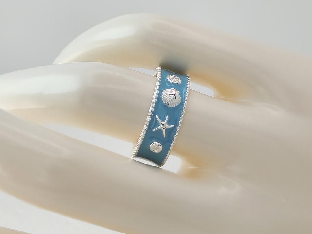 Ocean Light Blue Silver Ring, Shell Silver Ring, 925 Sterling Silver ...