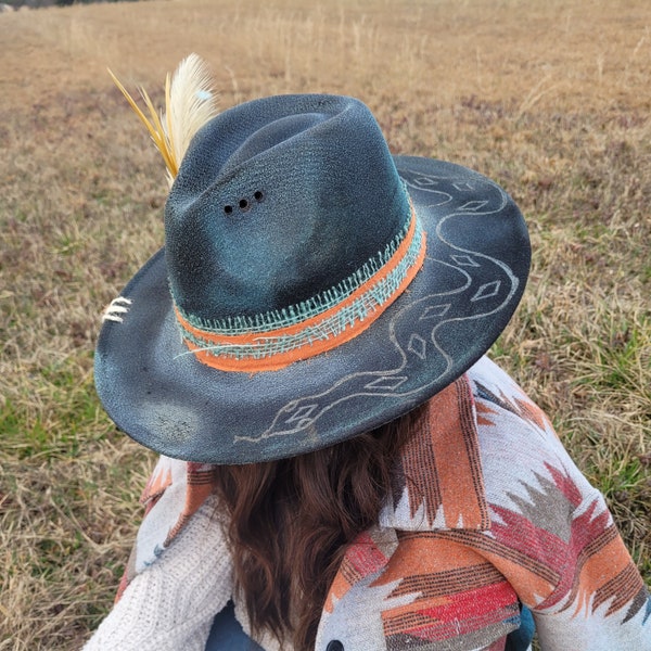 Branded Black Rancher Hat. Don't tread on me. Snake burned in brim.