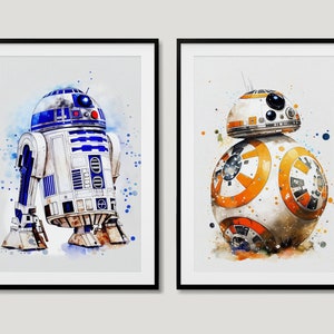 Conjunto de impresión digital de acuarela R2D2 y BB8 - Conjunto de 2 impresiones - Arte de pared de acuarela de Star Wars / Pintura de acuarela R2D2 / Arte de acuarela BB8
