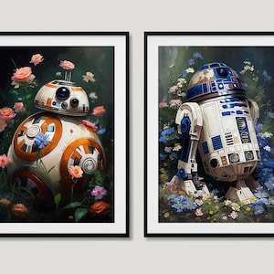 R2D2 & BB8 Floral Painting Duo Pack | 2 Star Wars Digital Prints | R2D2 Floral Painting | BB8 Floral Wall Art | Instant Download