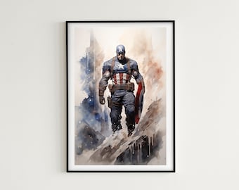 Captain America Watercolor Painting - Instant Download - 7 Images Included! - Marvel's The Avengers Fan Art, Superhero Wall Art, Gift Idea!