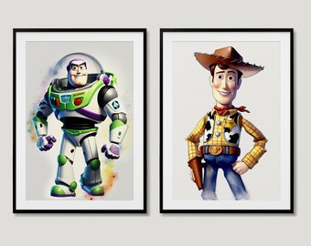 Buzz Lightyear And Woody From Toystory Watercolor Digital Art Prints - 2 Digital Prints Included - Kids Wall Art Pixar Wall Decor 2 Posters