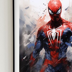 Op de afbeelding: Ingelijste illustratie van Spider-Man. De superheld is afgebeeld in zijn klassieke rood-blauwe pak, met een wit spinnenembleem op zijn borst. Het kunstwerk heeft een dynamisch, actiegericht gevoel met verfspatten.