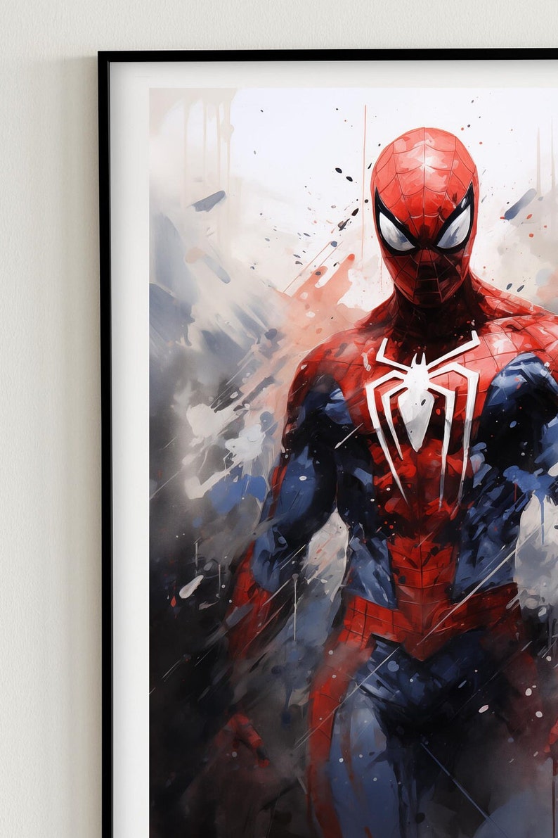 Op de afbeelding: Ingelijste illustratie van Spider-Man. De superheld is afgebeeld in zijn klassieke rood-blauwe pak, met een wit spinnenembleem op zijn borst. Het kunstwerk heeft een dynamisch, actiegericht gevoel met verfspatten.