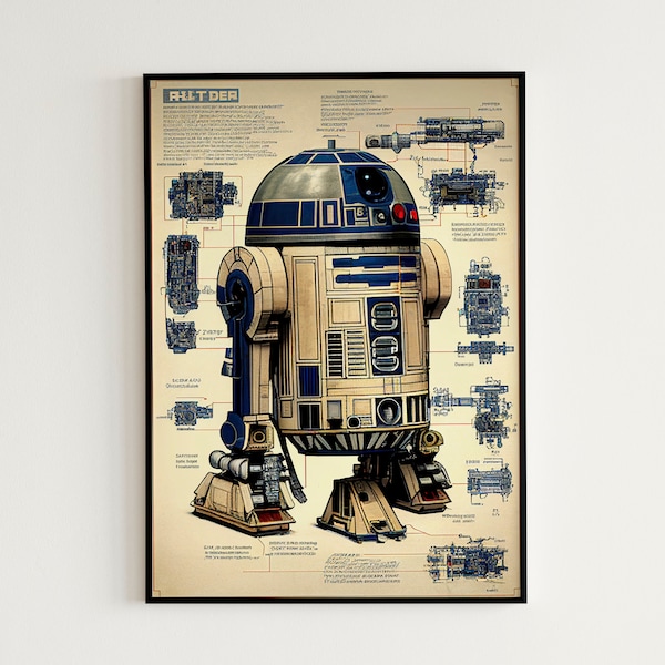 R2D2 Schematic Art Digital Print - Star Wars Art, R2D2 Fan Art, R2D2 Painting, R2D2 Blueprint Poster - Instant Download