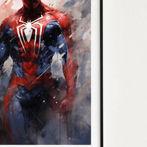 Op de afbeelding: Ingelijst kunstwerk met een aquarelachtige afbeelding van Spider-Man. De superheld draagt zijn klassieke rood-blauwe pak, met een wit spinnenembleem op zijn borst. De achtergrond heeft abstracte verfspatten.