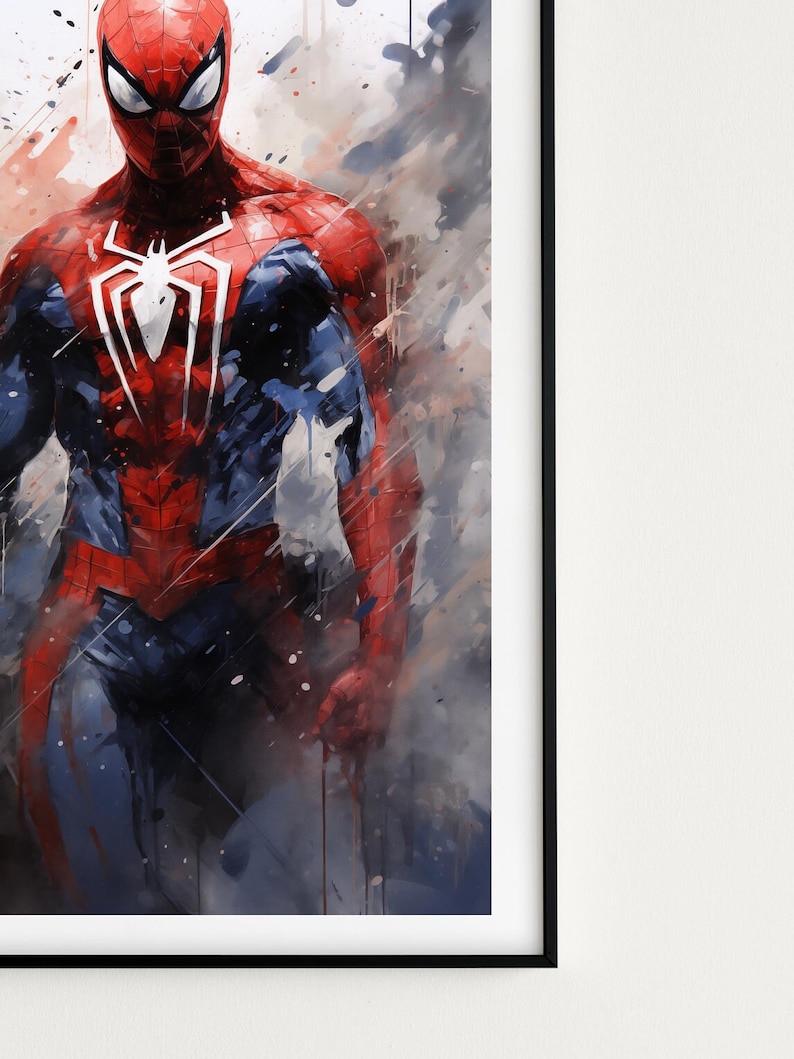 Op de afbeelding: Ingelijst kunstwerk met een aquarelachtige afbeelding van Spider-Man. De superheld draagt zijn klassieke rood-blauwe pak, met een wit spinnenembleem op zijn borst. De achtergrond heeft abstracte verfspatten.
