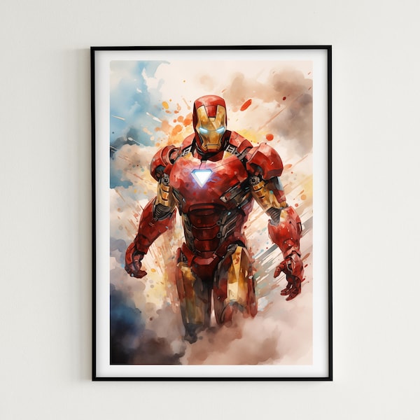 Iron Man In The Sky Painting - 7 Images Included - Instant Download - Iron Man Wall Art, Avengers Painting, Superhero Poster, Iron Man Gift!