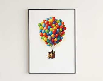 Up Balloon House Watercolor Art Painting - Balloon House Printable Wall Decor Up Balloon House Movie Digital Download Art - Wall Art